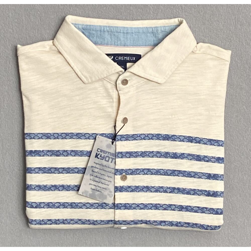 Daniel Cremieux Men's XXL Long Sleeve Button Up Polo Shirt Cream Blue Stripe NEW